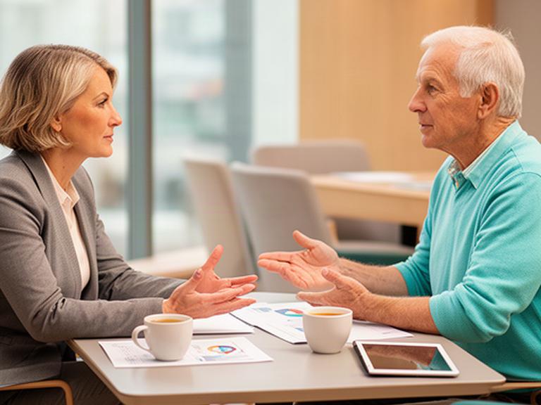 Asesora financiera conversando con una pareja en una sala de reuniones de la oficina
