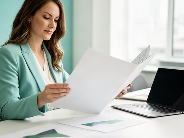 Asesora revisando una carpeta de planificación de jubilación en una oficina ordenada