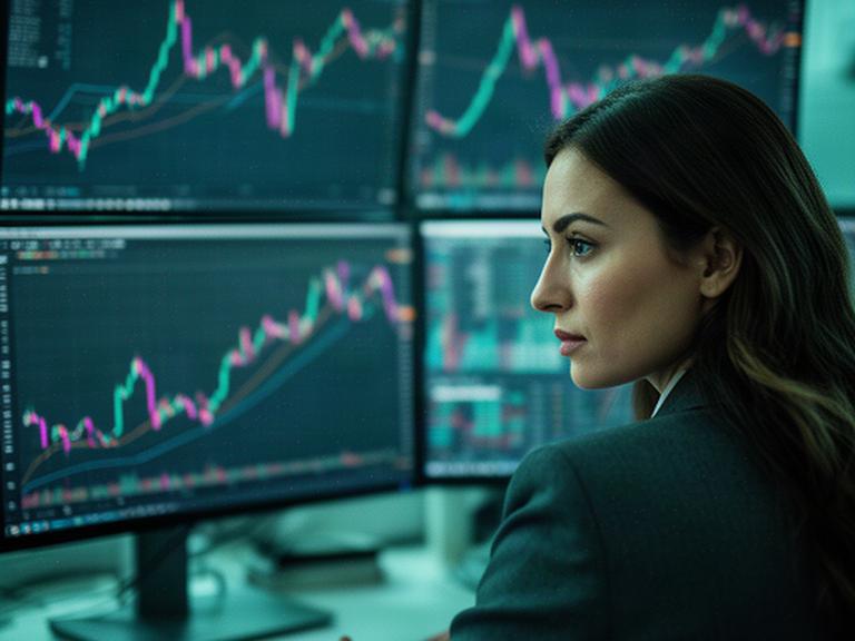 Analista financiera estudiando una pantalla con evolución de mercados y una cartera de renta variable a largo plazo