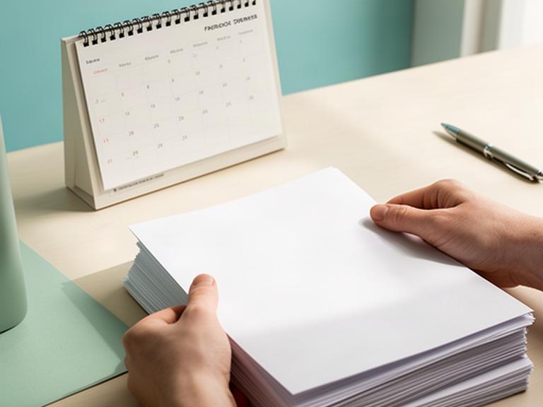Manos revisando una versión actualizada de condiciones legales junto a un calendario de escritorio
