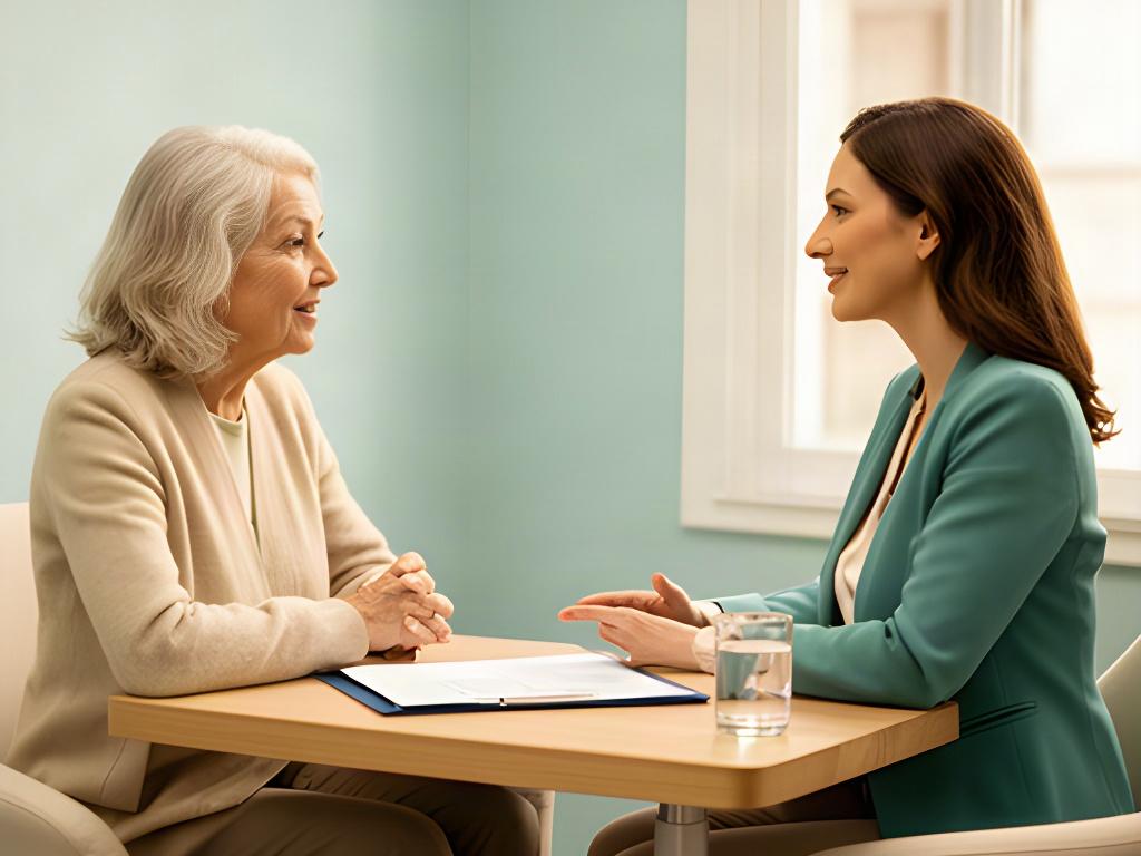 Asesora conversando con un cliente sobre un plan financiero personalizado en una sala tranquila