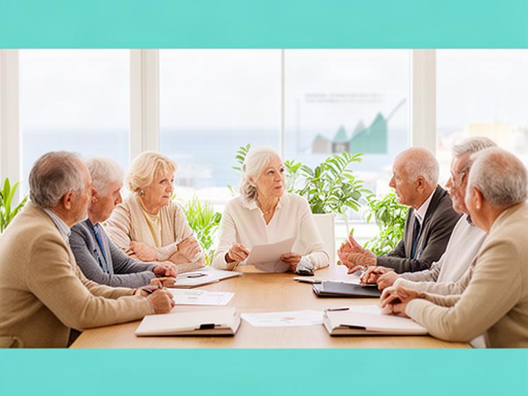 Personas mayores conversando junto a gráficos financieros en una oficina luminosa de las Islas Canarias