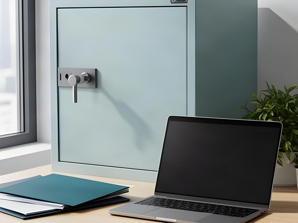 Archivador cerrado y portátil protegido en una mesa de oficina con luz natural