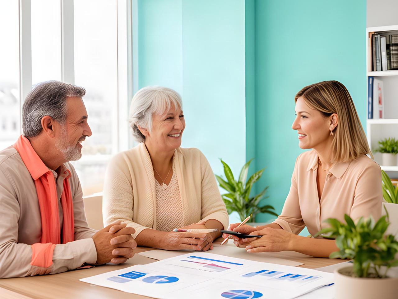 Asesora financiera revisando un plan de jubilación con una pareja en una oficina luminosa de Canarias
