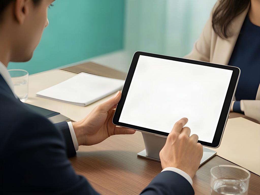 Persona revisando datos de contacto en una tableta durante una reunión financiera