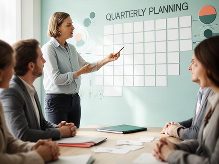 Consultor señalando un calendario de seguimiento financiero durante una reunión de trabajo