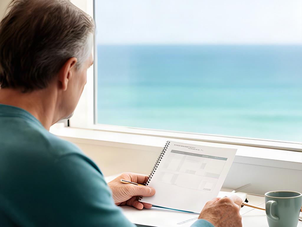 Persona consultando una tabla de planificación de jubilación junto a una ventana con vista al mar