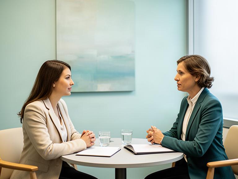 Cliente conversando con un asesor financiero en una sala privada de reuniones