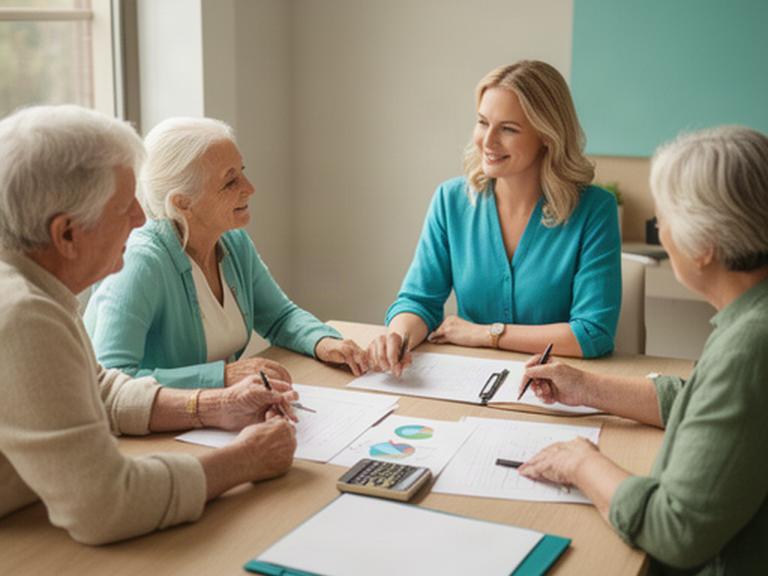 Familia revisando un plan financiero con documentos y una asesora en una mesa de trabajo