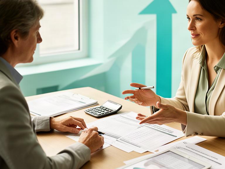 Persona revisando una planificación de jubilación y sus aportaciones fiscales con una asesora financiera