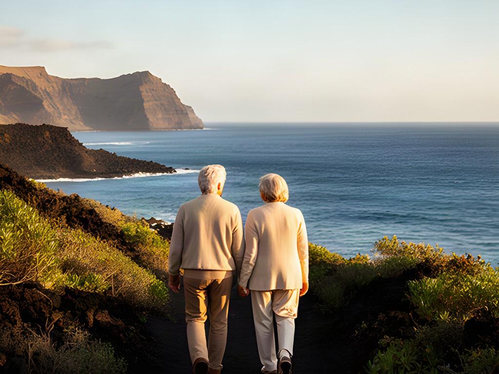 Pareja madura caminando junto al mar en La Palma durante su jubilación
