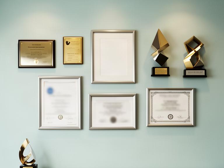 Placas y documentos de certificación financiera expuestos en una pared de la oficina
