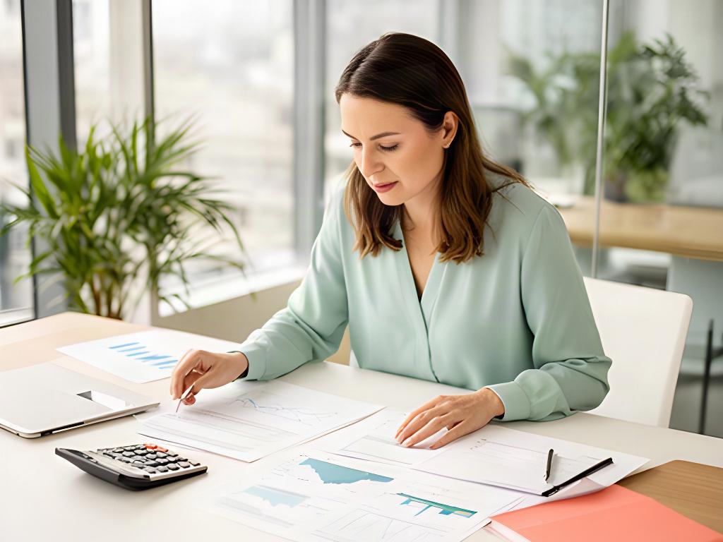 Asesora financiera revisando gráficos de ahorro para la jubilación en una oficina luminosa