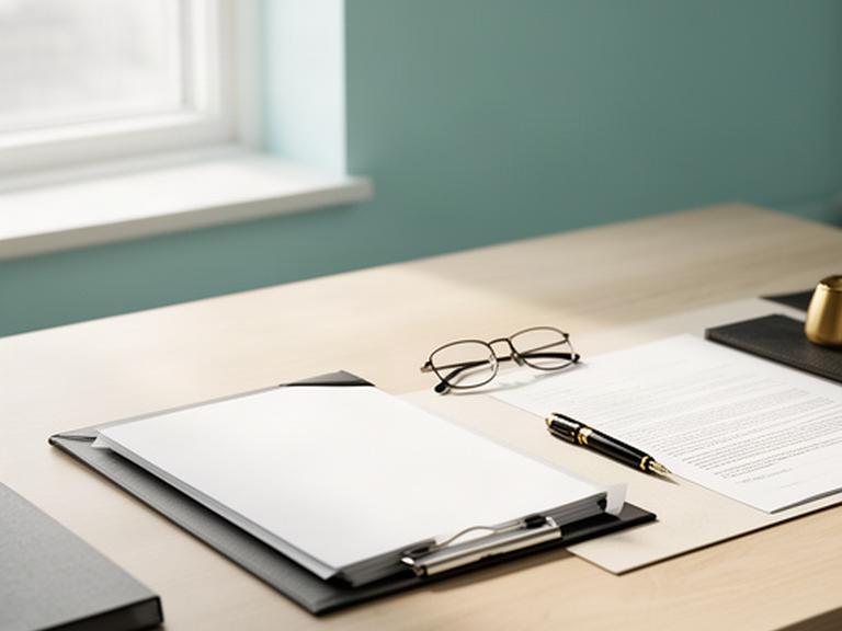 Mesa de trabajo con documento legal, gafas y bolígrafo junto a una ventana luminosa