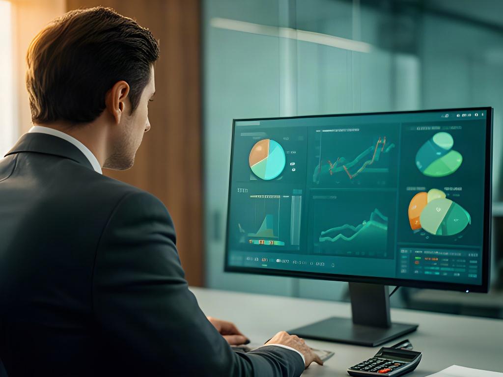 Profesional analizando distintas opciones de inversión en una pantalla de oficina