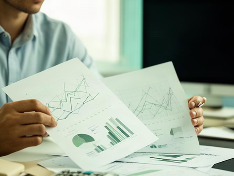 Profesional analizando gráficos financieros impresos en un despacho con luz natural