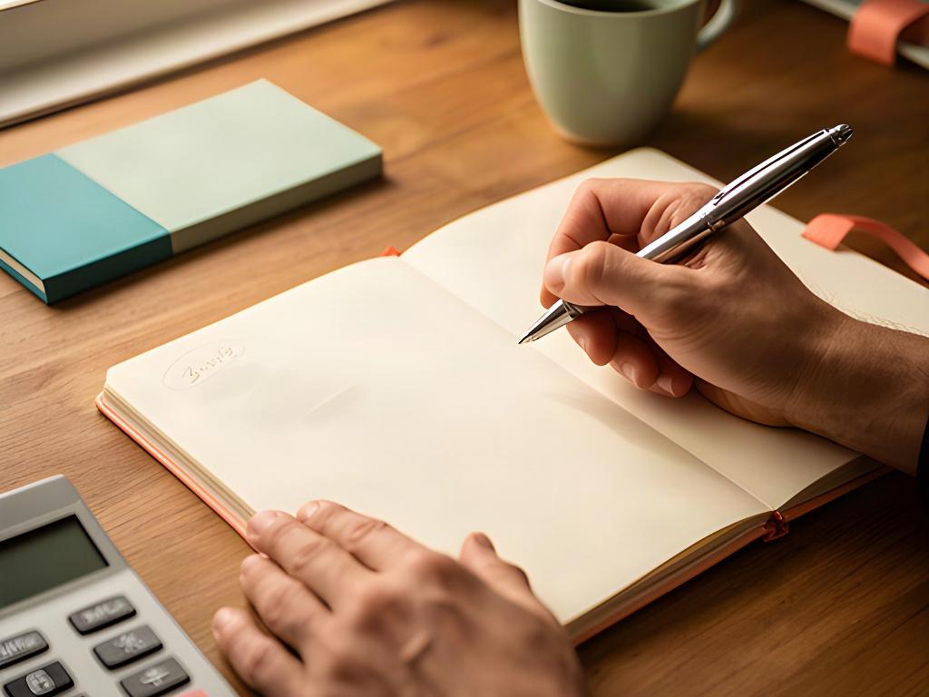 Manos anotando una aportación mensual en un cuaderno de planificación económica
