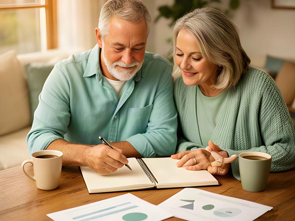 Pareja revisando sus objetivos de ahorro para la jubilación en una mesa de madera